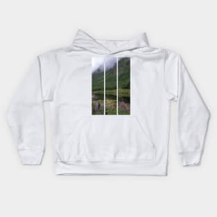 Wonderful landscapes in Norway. Senja, Nordland. Beautiful scenery of a valley with lupine flowers on the rocks. Mirror in the lake. Cloudy summer day. Fog and mountains in background (vertical) Kids Hoodie